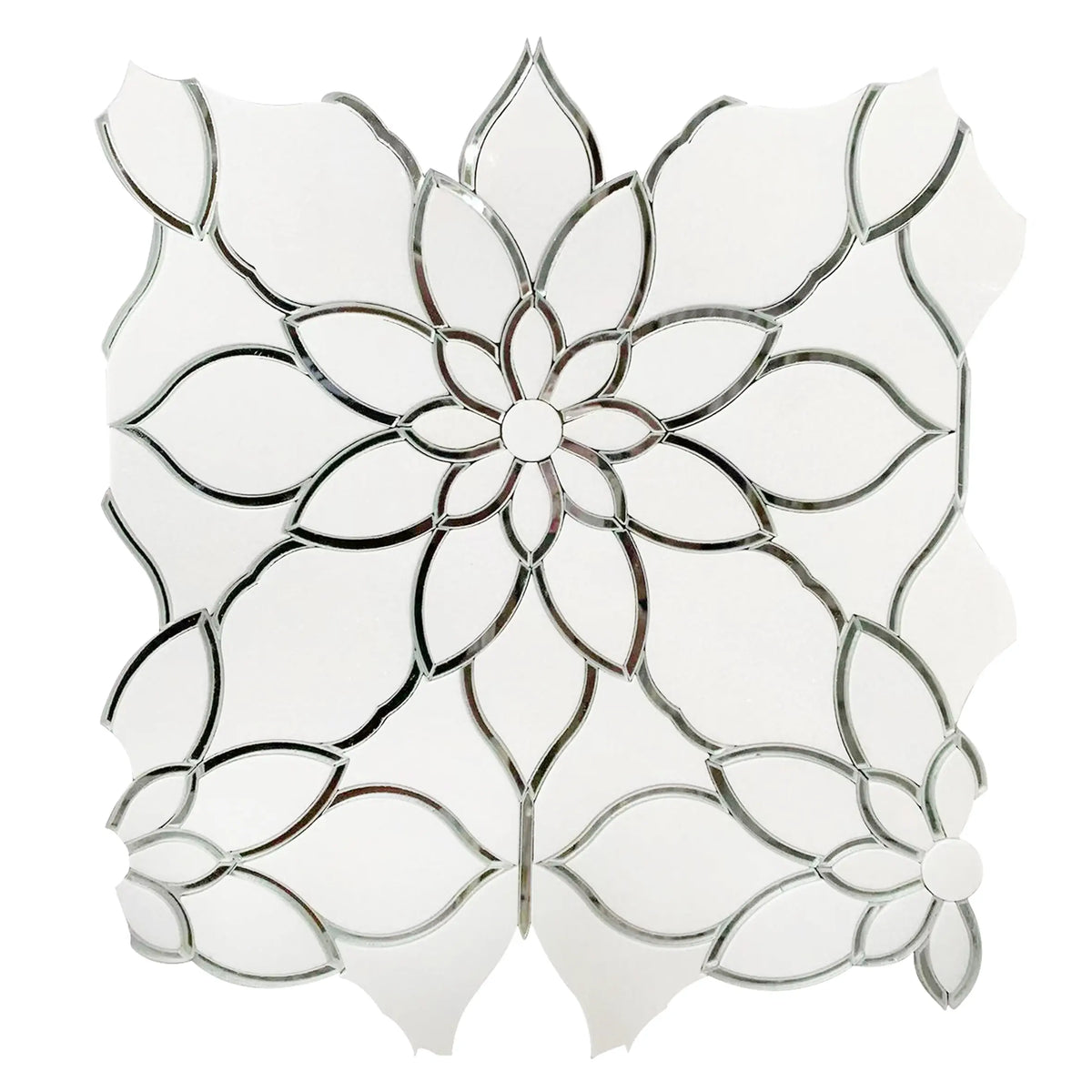 Single 13x13 inch Thassos & Mirror Floral Waterjet Mosaic Tile – polished white marble with reflective mirror floral accents.