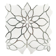 Single 13x13 inch Thassos & Mirror Floral Waterjet Mosaic Tile – polished white marble with reflective mirror floral accents.