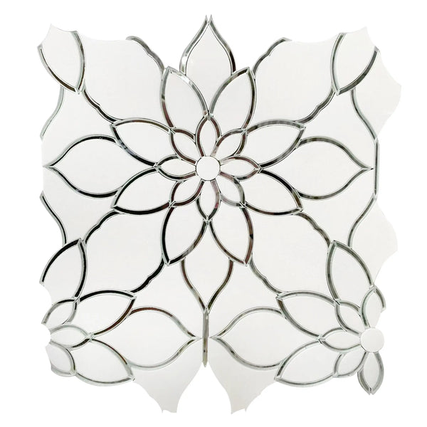 Single 13x13 inch Thassos & Mirror Floral Waterjet Mosaic Tile – polished white marble with reflective mirror floral accents.