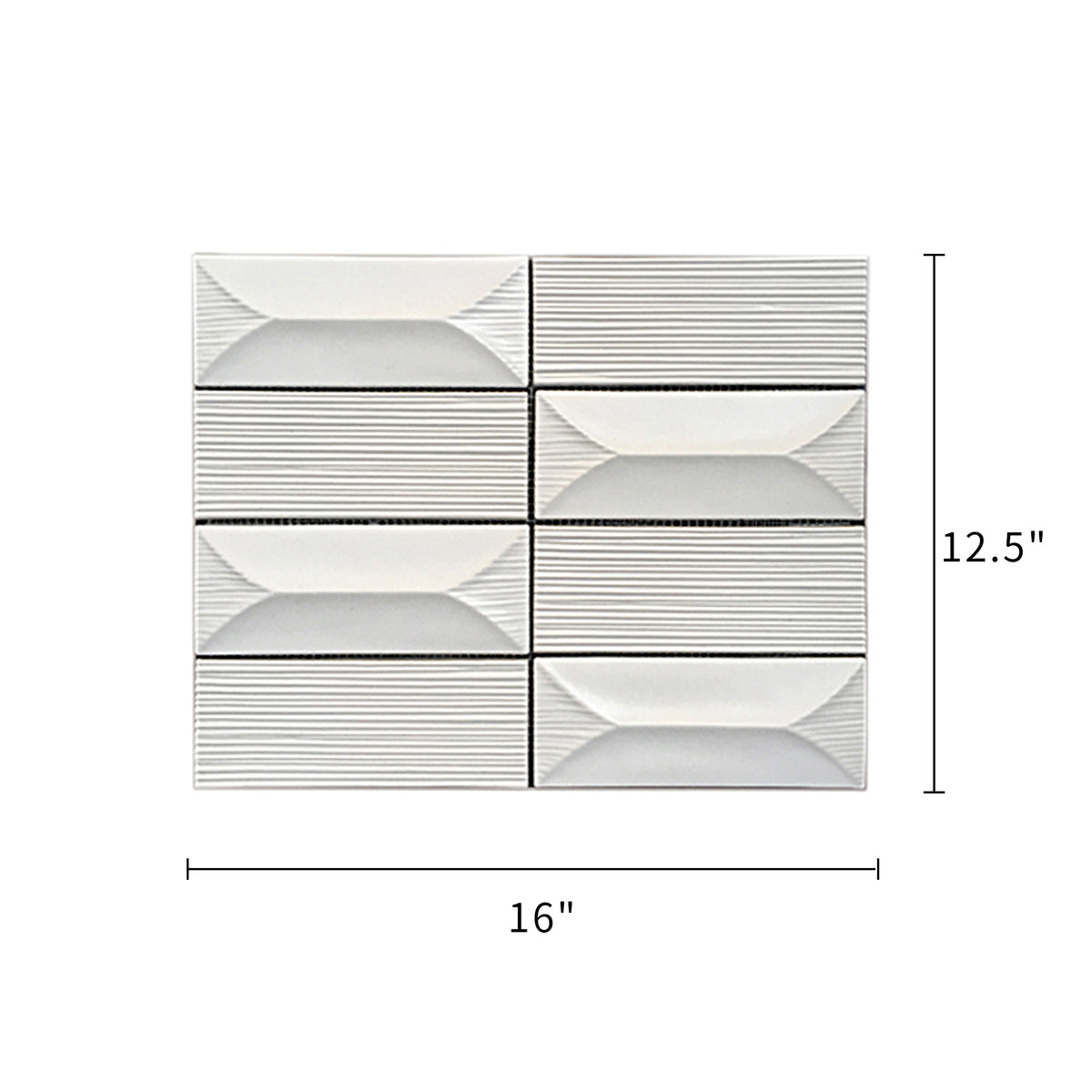 Size diagram of 12.5x16 inch Abstract 3D Pattern Cream Porcelain Tile – labeled for floor and wall installation, 1.39 sq. ft coverage