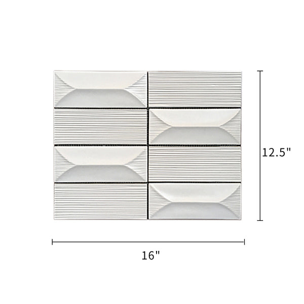 Size diagram of 12.5x16 inch Abstract 3D Pattern Cream Porcelain Tile – labeled for floor and wall installation, 1.39 sq. ft coverage