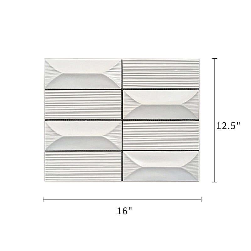 Size diagram of 12.5x16 inch Abstract 3D Pattern Cream Porcelain Tile – labeled for floor and wall installation, 1.39 sq. ft coverage