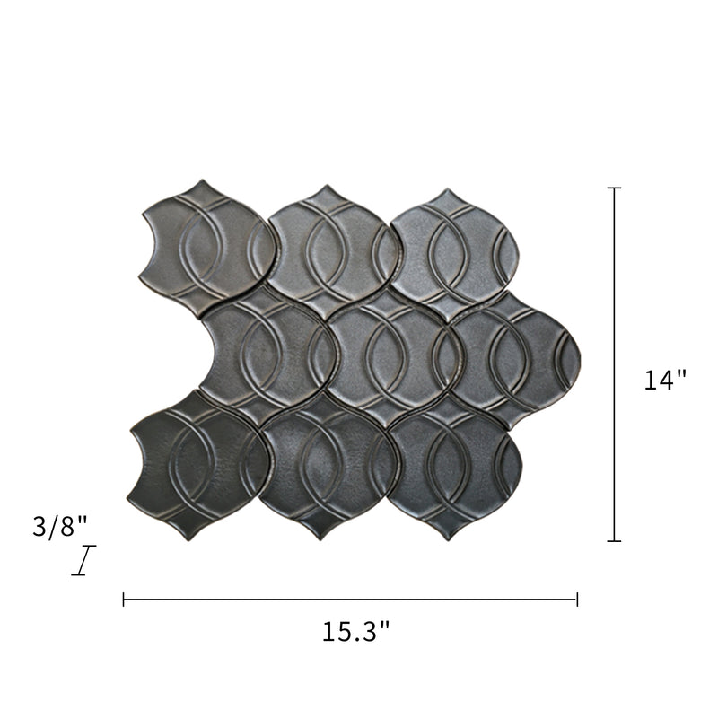Size diagram of 14x15 inch Bronze Handmade Porcelain Mosaic Wall Tile – labeled for wall installation, 1.5 sq. ft coverage