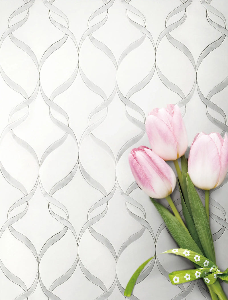 Soft Ribbons Carrara White & Thassos 14-in x 17-in Waterjet Mosaic Floor and Wall Tile( 8.3 sq. ft. /Box )