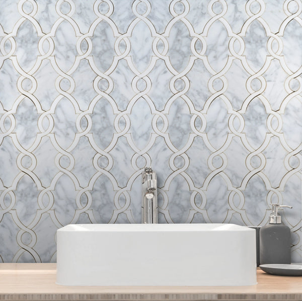 Carrara White & Thassos White 10-in x 14-in Waterjet Mosaic Floor and Wall Tile( 4.75 sq. ft. /Box )