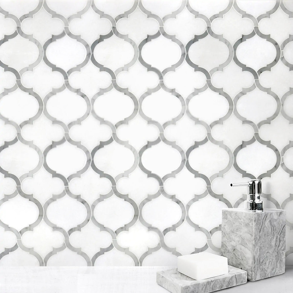 Marrakesh - Carrara White & Thassos White 9-in x 10-in Waterjet Mosaic Floor and Wall Tile( 3.15 sq. ft. /Box )
