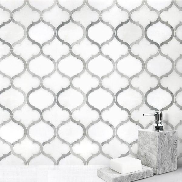 Marrakesh - Carrara White & Thassos White 9-in x 10-in Waterjet Mosaic Floor and Wall Tile( 3.15 sq. ft. /Box )