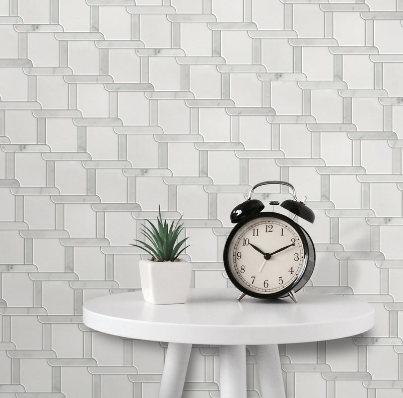Thassos White & Carrara White 9-in x 9-in Waterjet Mosaic Floor and Wall Tile( 2.7 sq. ft. /Box )