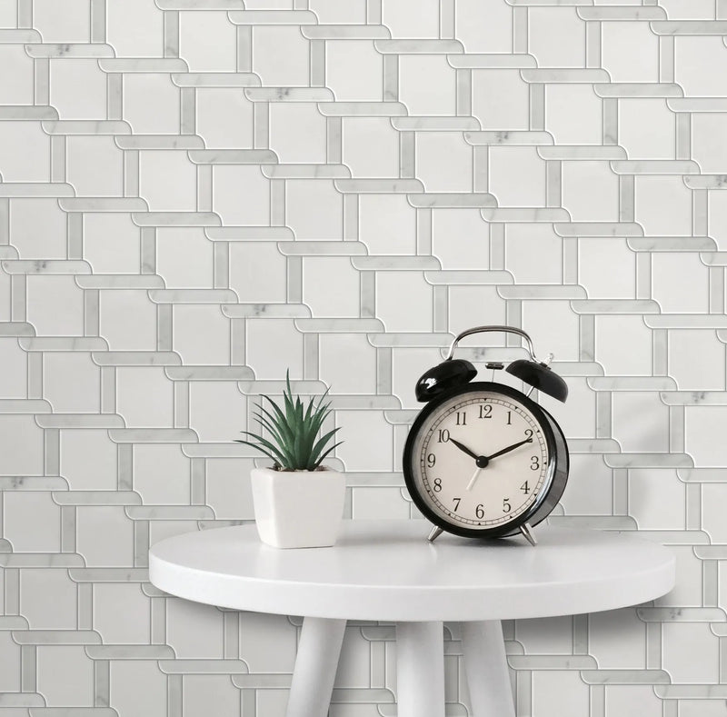 Thassos White & Carrara White 9-in x 9-in Waterjet Mosaic Floor and Wall Tile( 2.7 sq. ft. /Box )