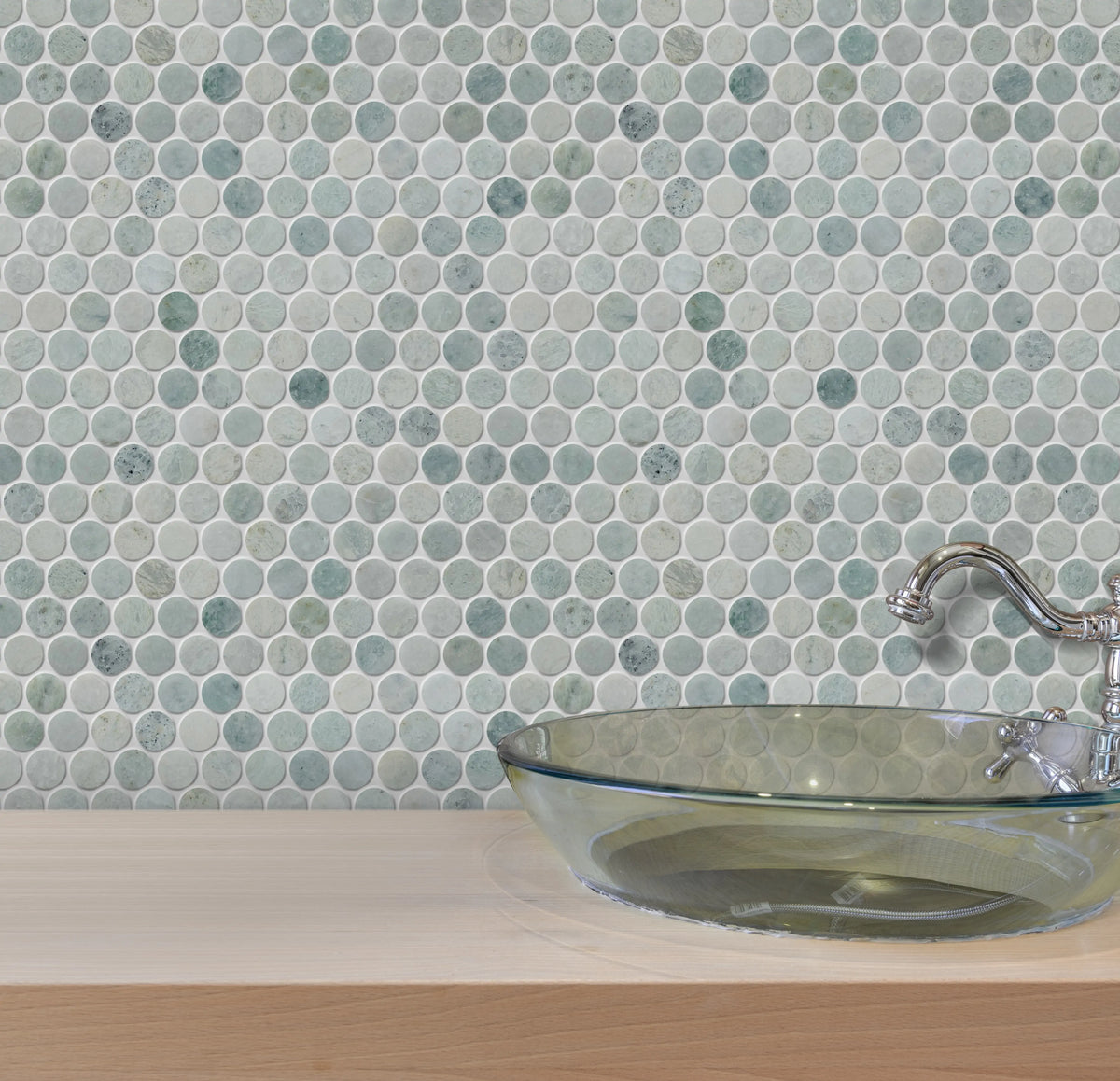 1-in Ming Green Penny Circle 12-in x 12-in Polished Marble Mosaic Floor and Wall Tile( 5 sq. ft. /Box )