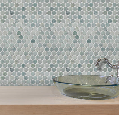 1-in Ming Green Penny Circle 12-in x 12-in Polished Marble Mosaic Floor and Wall Tile( 5 sq. ft. /Box )