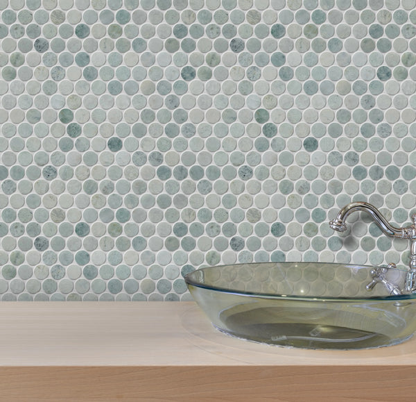 1-in Ming Green Penny Circle 12-in x 12-in Polished Marble Mosaic Floor and Wall Tile( 5 sq. ft. /Box )