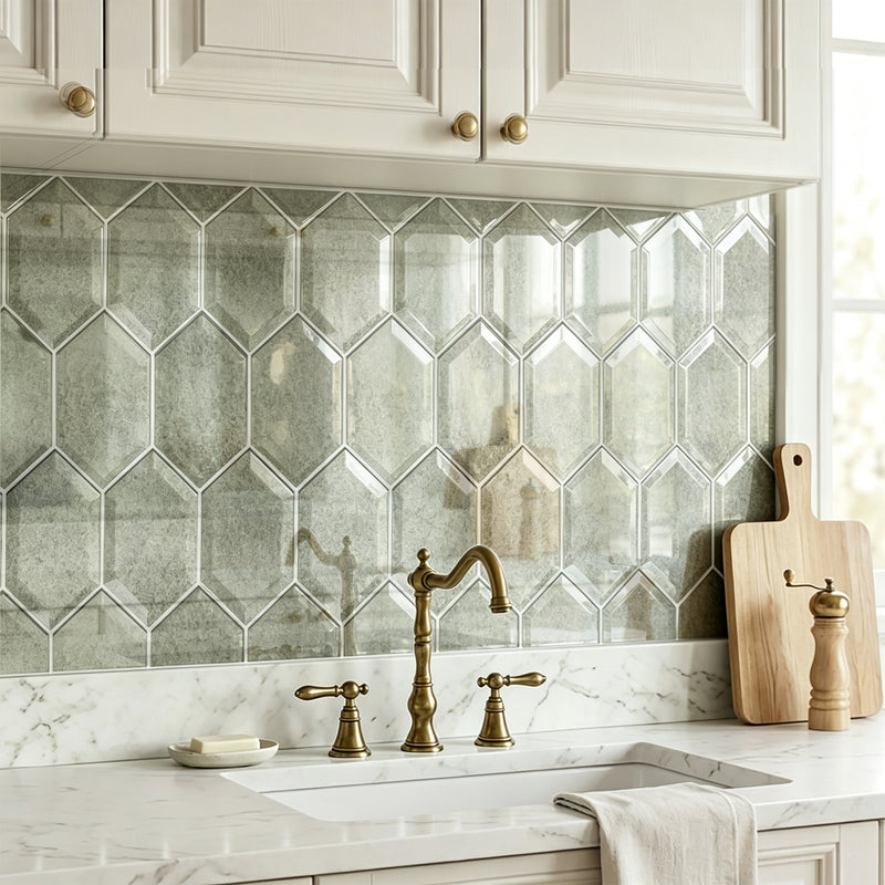4-in x 8-in Beveled Stretched Hexagon Antique Mirror Mosaic Walls Tile( 6.6 sq. ft. /Box )