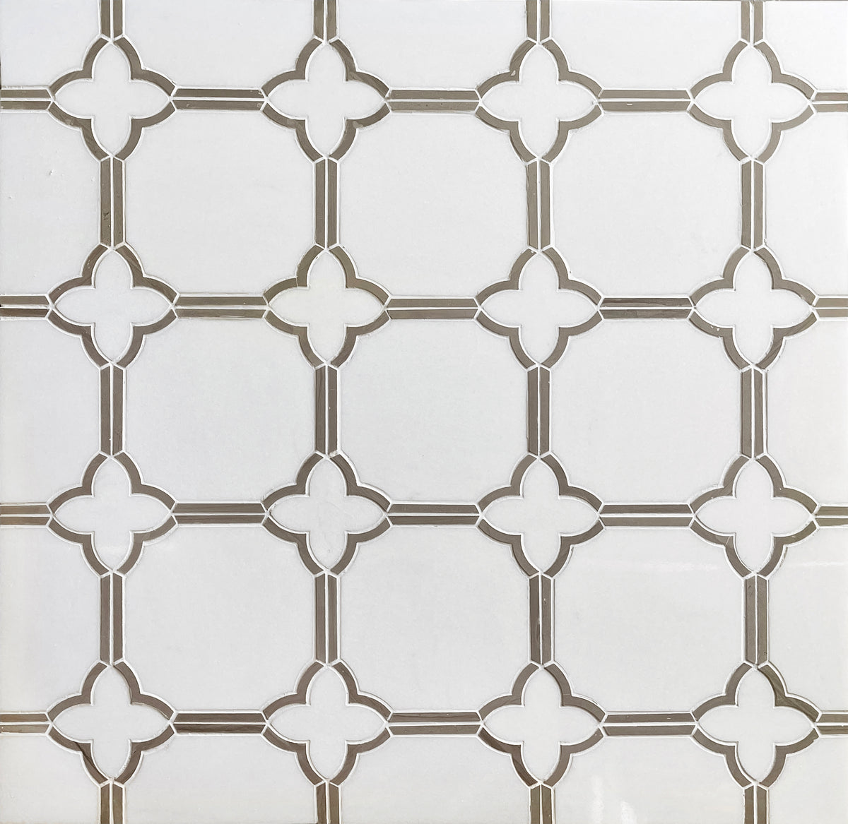 Display board featuring Thassos and Athens Gray Waterjet Mosaic Tile – polished gray and white marble sample for interior design presentation