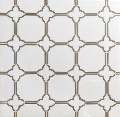 Display board featuring Thassos and Athens Gray Waterjet Mosaic Tile – polished gray and white marble sample for interior design presentation