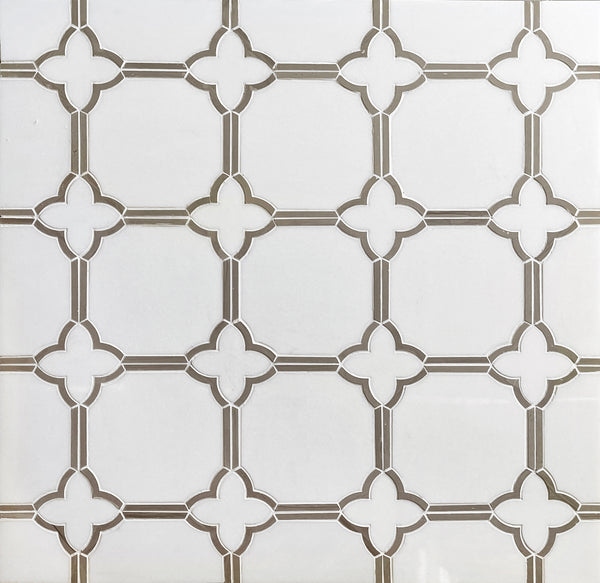 Display board featuring Thassos and Athens Gray Waterjet Mosaic Tile – polished gray and white marble sample for interior design presentation