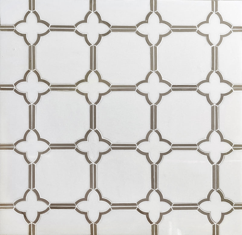 Display board featuring Thassos and Athens Gray Waterjet Mosaic Tile – polished gray and white marble sample for interior design presentation