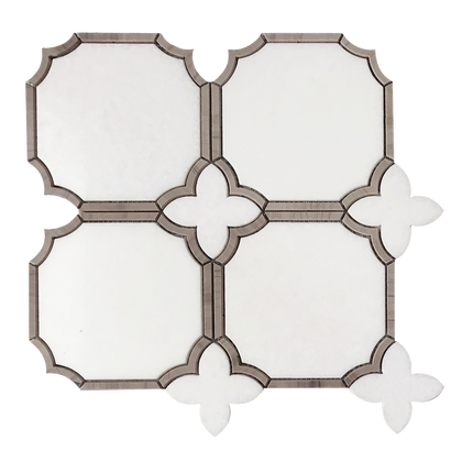 Single 12x12 inch Thassos White and Athens Gray Patterned Polished Waterjet Mosaic Tile – elegant marble mosaic in soft gray and white
