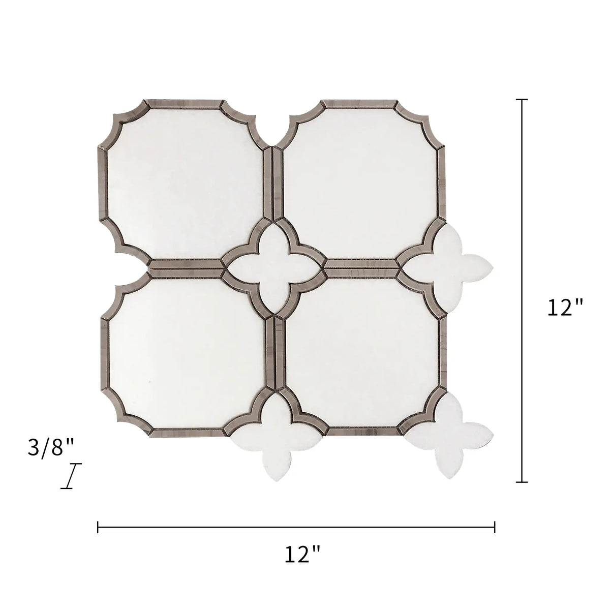 Size diagram of Thassos White & Athens Gray Patterned Waterjet Mosaic Tile – 12x12 inch polished layout with measurement labels