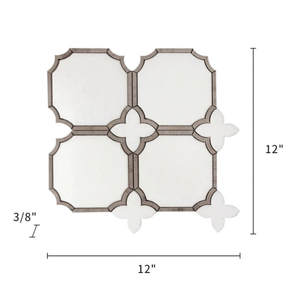Size diagram of Thassos White & Athens Gray Patterned Waterjet Mosaic Tile – 12x12 inch polished layout with measurement labels