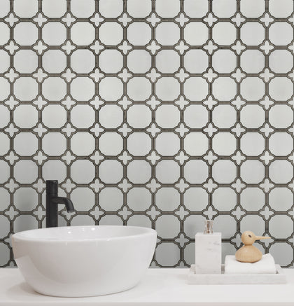 Bathroom wall featuring Thassos White and Athens Gray Patterned Polished Waterjet Mosaic Tile – refined gray and white marble pattern adding elegance