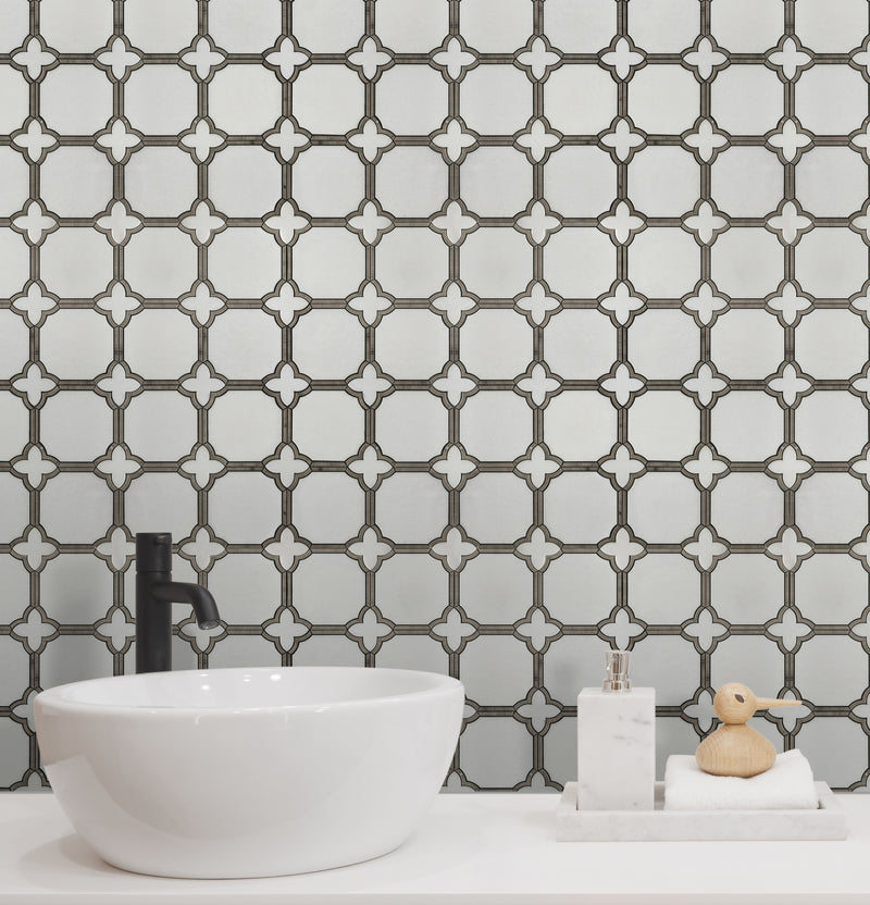 Bathroom wall featuring Thassos White and Athens Gray Patterned Polished Waterjet Mosaic Tile – refined gray and white marble pattern adding elegance