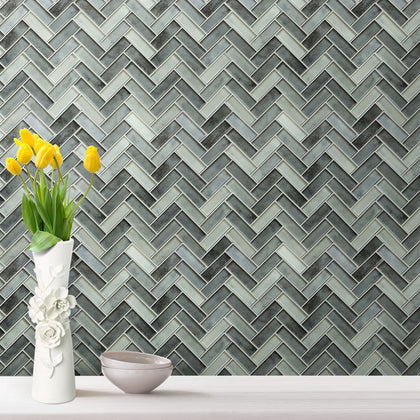 Misty Gray 11-in x 13-in Herringbone Glass Mosaic Wall Tile( 9.5 sq. ft. /Box )