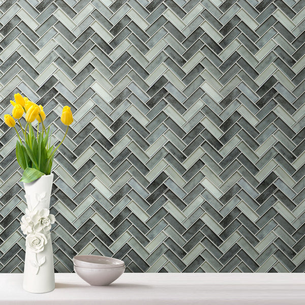 Misty Gray 11-in x 13-in Herringbone Glass Mosaic Wall Tile( 9.5 sq. ft. /Box )