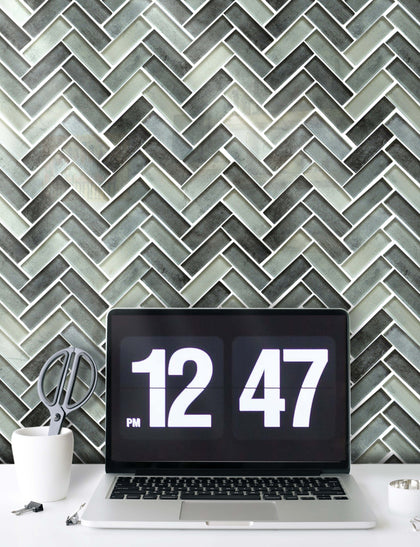 Misty Gray 11-in x 13-in Herringbone Glass Mosaic Wall Tile( 9.5 sq. ft. /Box )