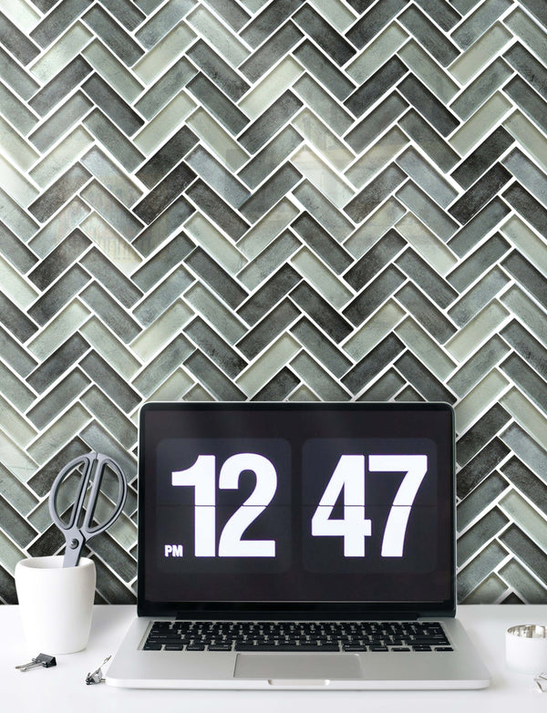 Misty Gray 11-in x 13-in Herringbone Glass Mosaic Wall Tile( 9.5 sq. ft. /Box )