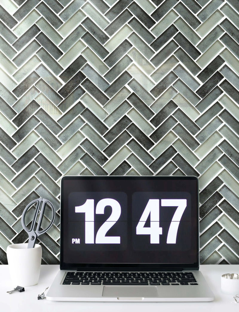Misty Gray 11-in x 13-in Herringbone Glass Mosaic Wall Tile( 9.5 sq. ft. /Box )