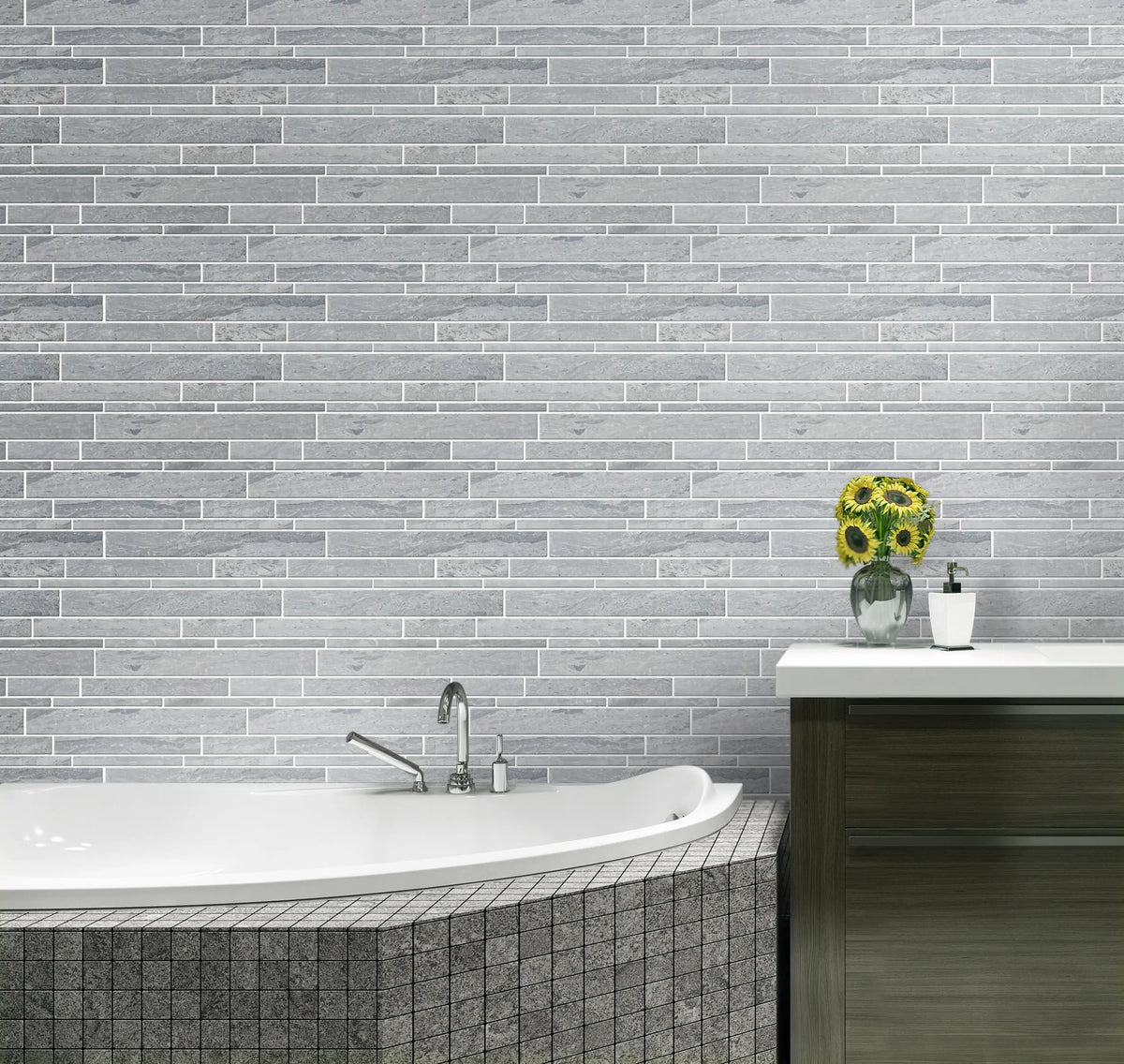 Mountain Blue Random Strip Honed Marble Mosaic Floor and Wall Tile - Sample (Product Shown is Full Size)
