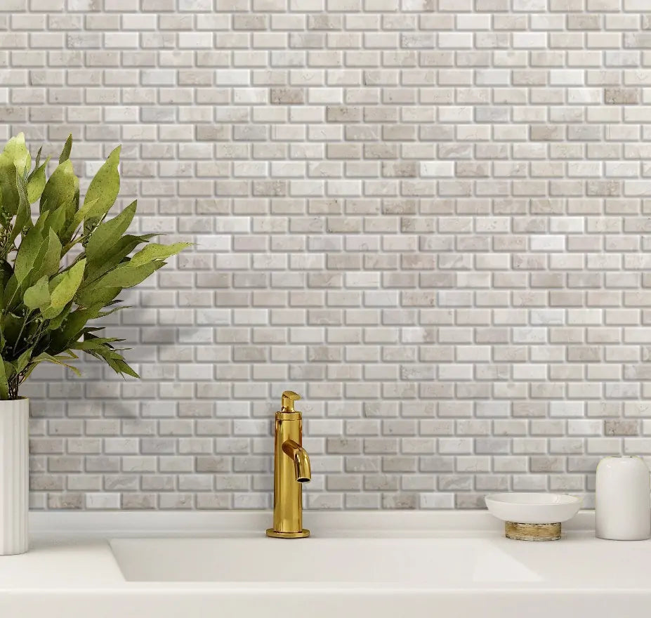 Wooden Mini Brick 12-in x 12-in Marble Mosaic Wall Tile( 10 sq. ft. /Box )