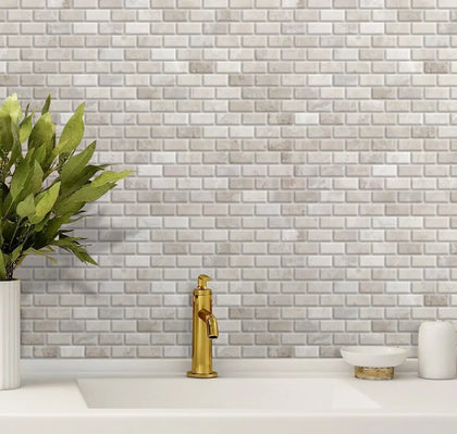 Wooden Mini Brick 12-in x 12-in Marble Mosaic Wall Tile( 10 sq. ft. /Box )