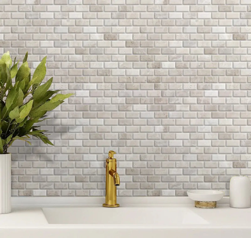 Wooden Mini Brick 12-in x 12-in Marble Mosaic Wall Tile( 10 sq. ft. /Box )