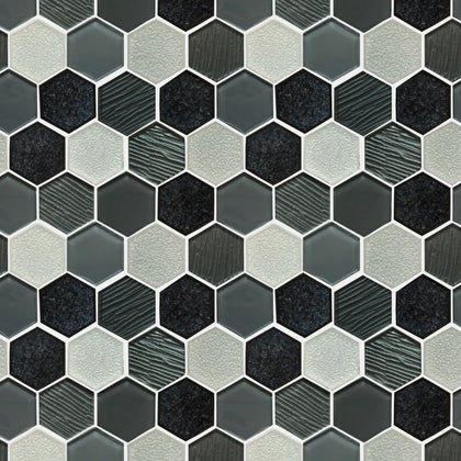 Palladian Gray Hex Glass & Porcelain Mosaic Wall Tile - Sample (Product Shown is Full Size)