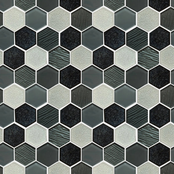 12-in x 11-in Palladian Gray Hex Glass & Porcelain Mosaic Wall Tile( 8.3 sq. ft. /Box )
