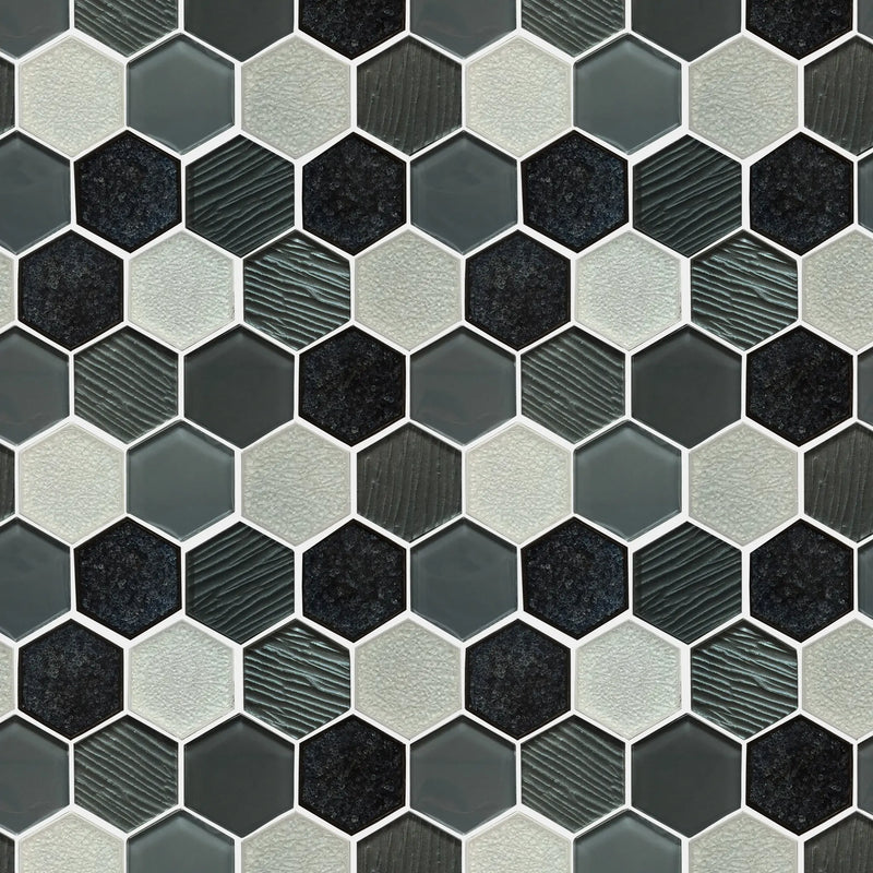 12-in x 11-in Palladian Gray Hex Glass & Porcelain Mosaic Wall Tile( 8.3 sq. ft. /Box )