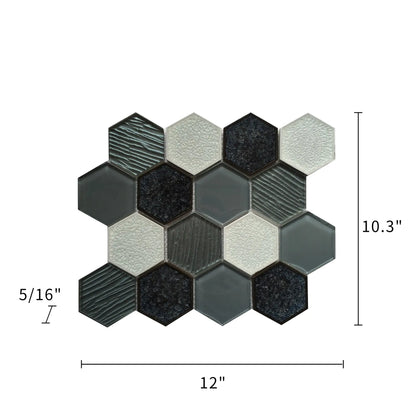 Palladian Gray Hex Glass & Porcelain Mosaic Wall Tile - Sample (Product Shown is Full Size)