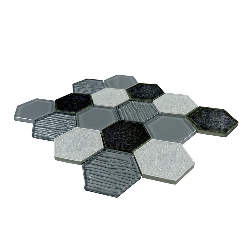 12-in x 11-in Palladian Gray Hex Glass & Porcelain Mosaic Wall Tile( 8.3 sq. ft. /Box )