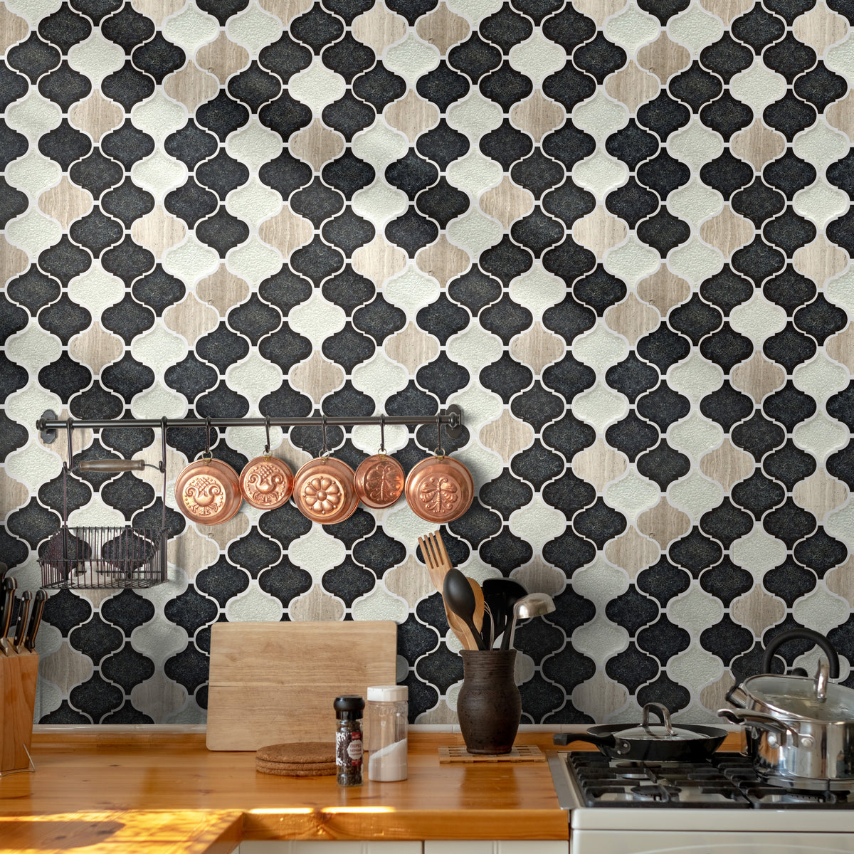Galena Gray arabesque Lantern Marble & Crackle Mix Glass Mosaic Wall Tile - Sample (Product Shown is Full Size)