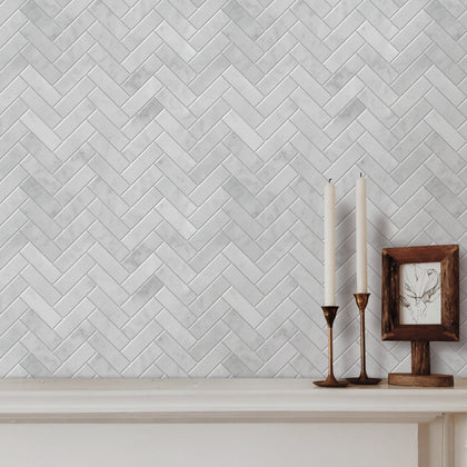 Oriental White Herringbone 12-1/2-in x 11-in Polished Marble Mosaic Wall Tile( 4.75 sq. ft. /Box )