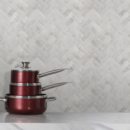 Oriental White Herringbone 12-1/2-in x 11-in Polished Marble Mosaic Wall Tile( 4.75 sq. ft. /Box )