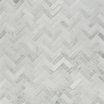 Oriental White Herringbone 12-1/2-in x 11-in Polished Marble Mosaic Wall Tile( 4.75 sq. ft. /Box )