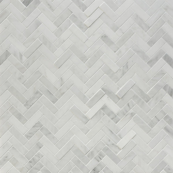 Oriental White Herringbone 12-1/2-in x 11-in Polished Marble Mosaic Wall Tile( 4.75 sq. ft. /Box )