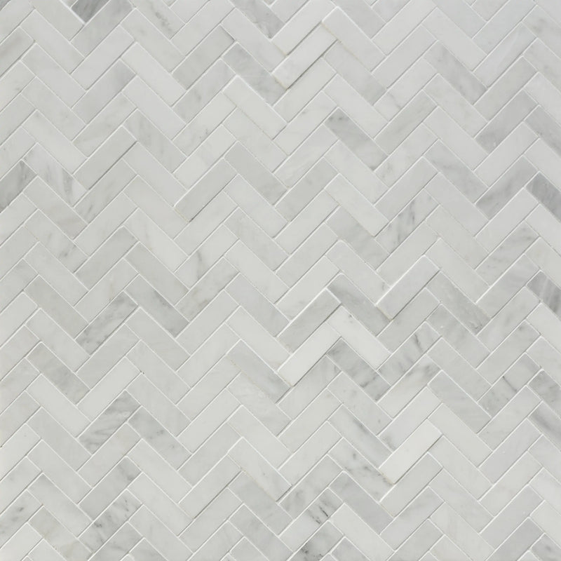Oriental White Herringbone 12-1/2-in x 11-in Polished Marble Mosaic Wall Tile( 4.75 sq. ft. /Box )