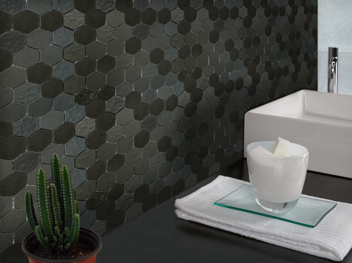 Living room featuring Ancient Sky 2" Hexagon Porcelain Mosaic Tiles – soft blue hexagonal tiles used for feature wall with a modern aesthetic