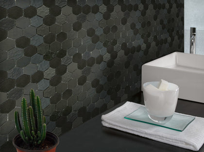 Living room featuring Ancient Sky 2" Hexagon Porcelain Mosaic Tiles – soft blue hexagonal tiles used for feature wall with a modern aesthetic