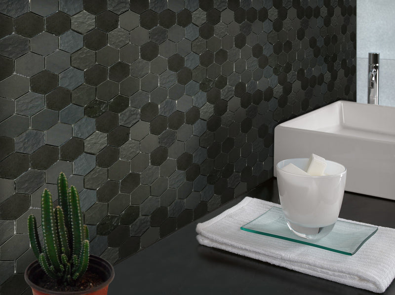 Living room featuring Ancient Sky 2" Hexagon Porcelain Mosaic Tiles – soft blue hexagonal tiles used for feature wall with a modern aesthetic