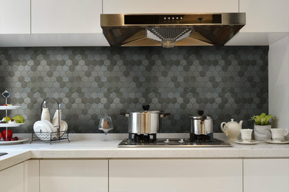 Modern kitchen with Ancient Sky 2" Hexagon Mosaic Tiles – elegant blue hexagonal tiles used for backsplash and countertop